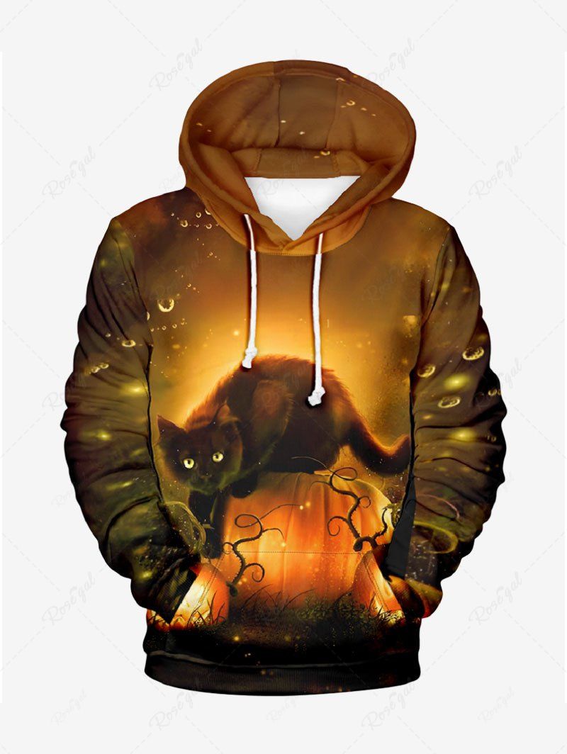 Sweat à Capuche D'Halloween 3D Chat Citrouille avec Poche Kangourou de Grande Taille à Paillettes pour Homme Multi-A 3XL