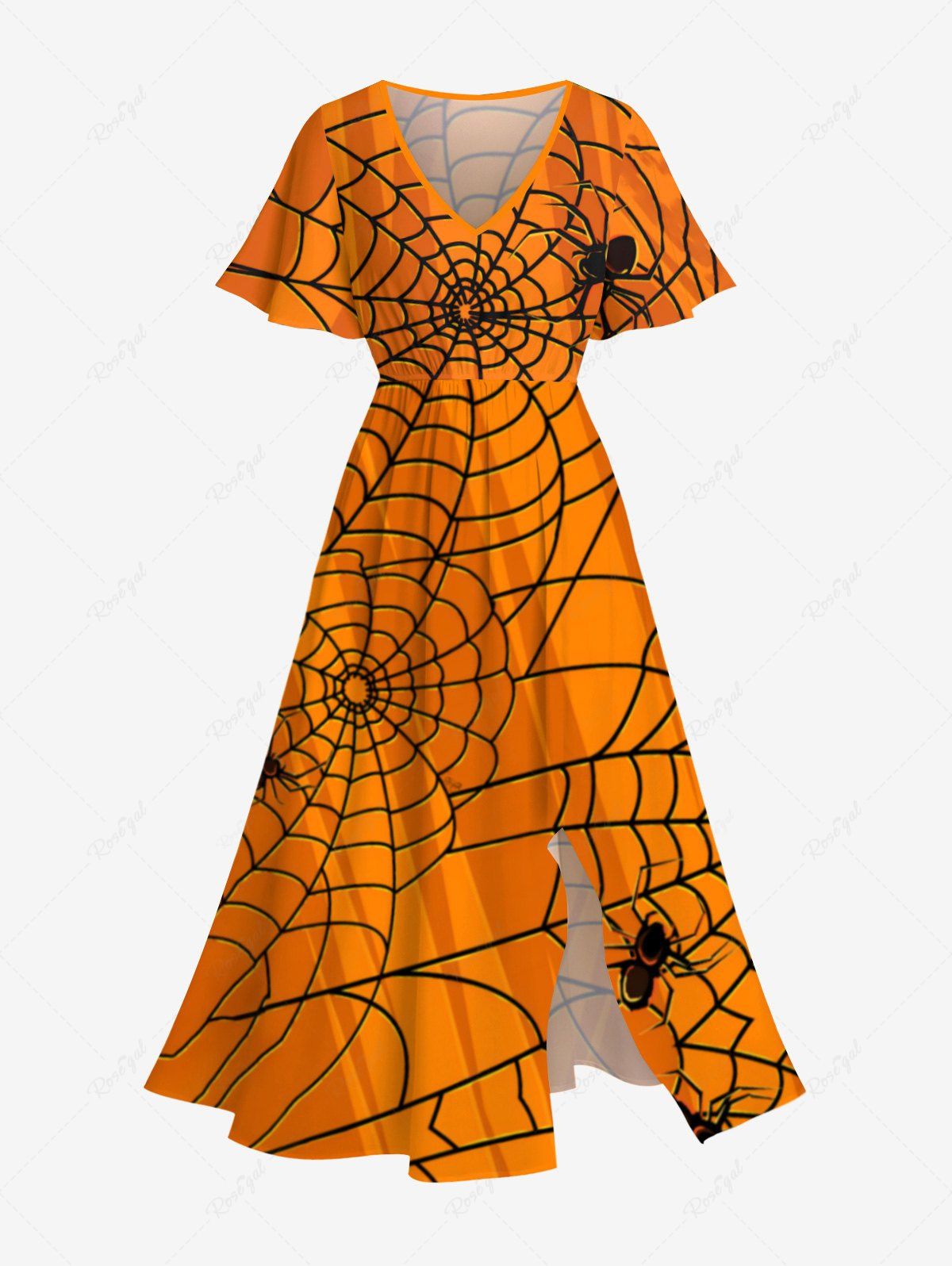 Unique Plus Size Halloween Costume Spider Web Print Split Midi Dress  