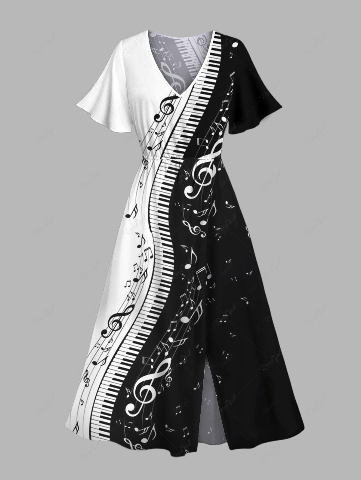 Robe Note de Musique Imprimée en Couleur Contrastée à Ourlet Fendu Noir XXL | NOUS 14