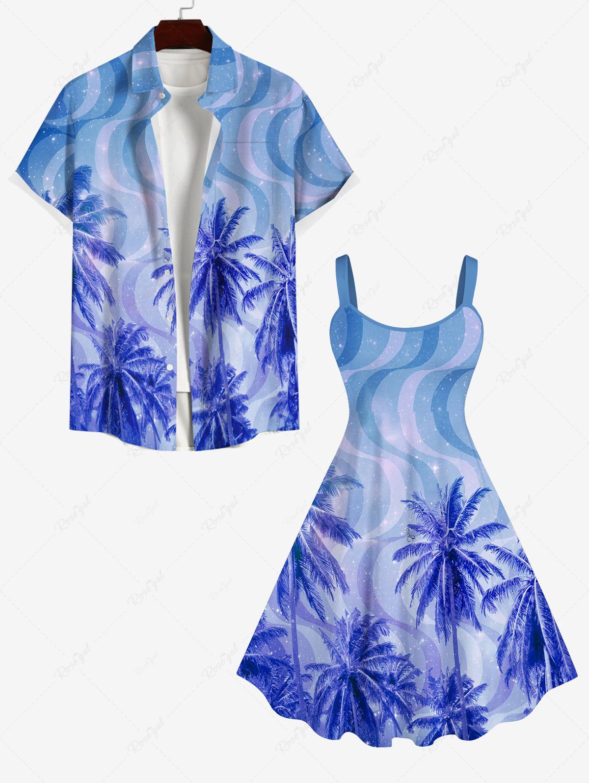 Tenue de Plage Contrastante Imprimé Cocotiers Lumière 3D Grande Taille pour Couples Bleu Ciel 