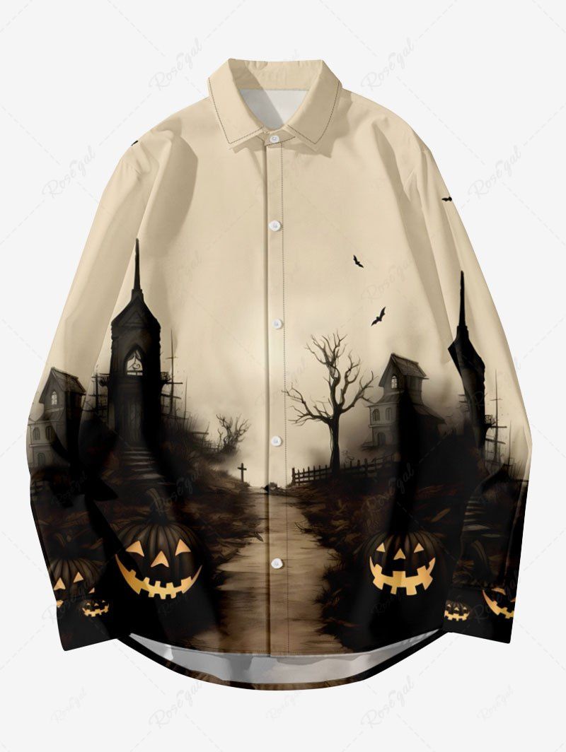 Chemise D'Halloween Boutonnée Déchirée Citrouille Oiseau et Château Imprimés à Manches Longues de Grande Taille Multi-A 8XL