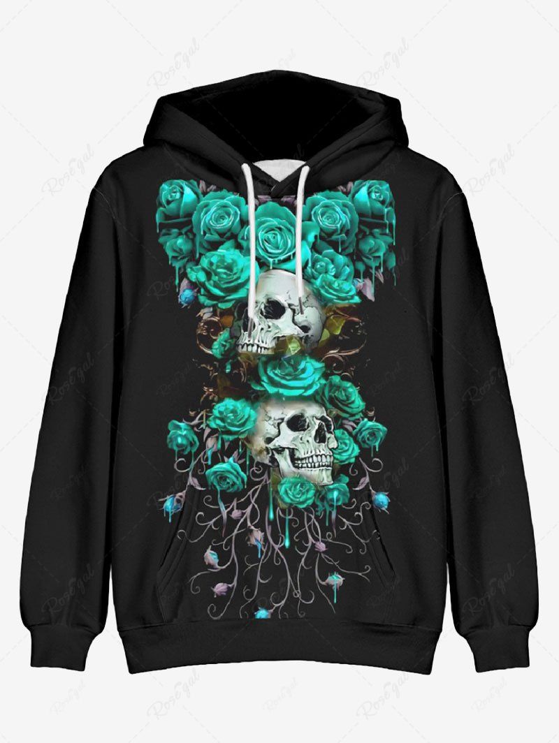 Buy Plus Size Skull Rose Flower Branch Print Halloween Drawstring Pocket Pullover Hoodie For Men  