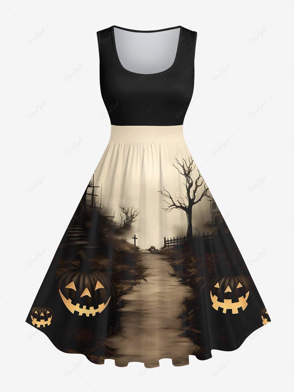 Robe D'Halloween Trapèze Vintage Citrouille Chemin et Château Imprimés Grande Taille Noir 4X