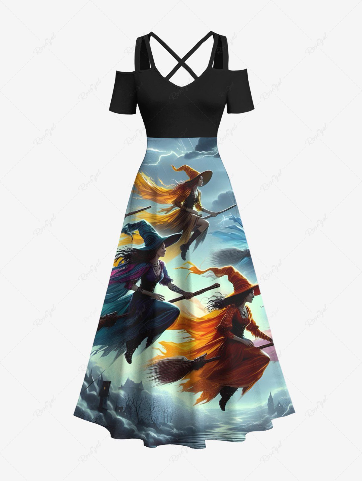 Unique Plus Size Wizard Broom Ombre Sky Cloud Print Halloween Costume Crisscross A Line Maxi Dress  