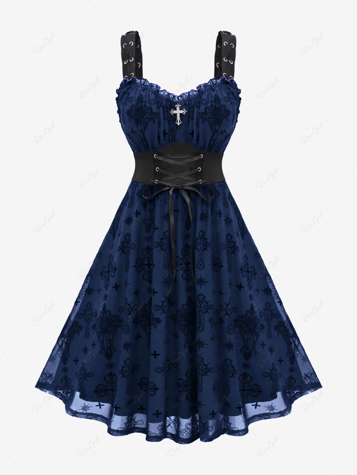 Hot Gothic Plus Size Lace Up Ruffles Cross Tank Dress  