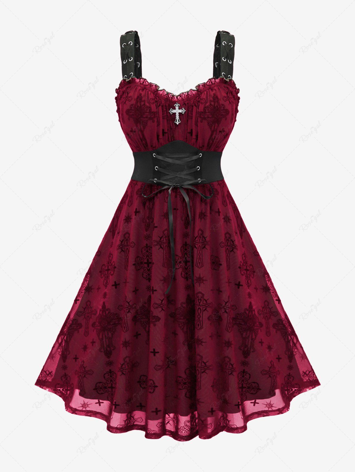 Unique Gothic Plus Size Lace Up Ruffles Cross Tank Dress  