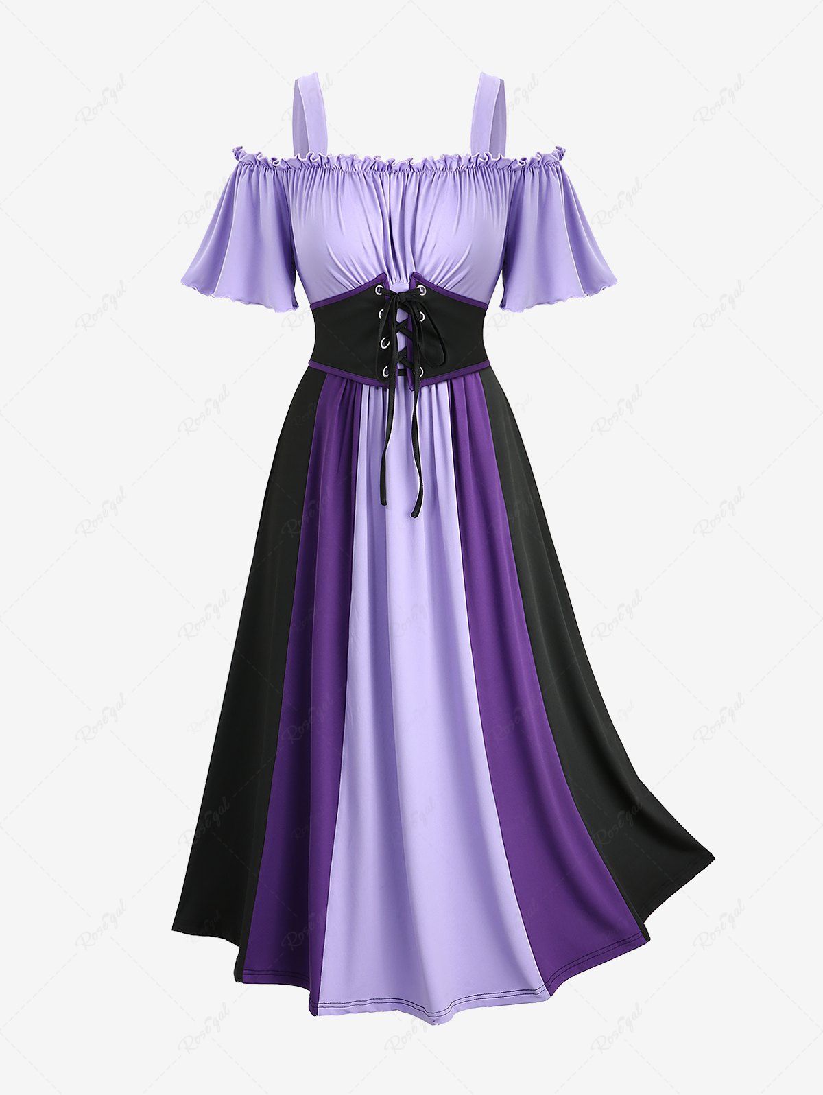 Best Plus Size Cold Shoulder Ruched Ruffles Colorblock Patchwork Lace Up Belted Vintage Corset A Line Dress  