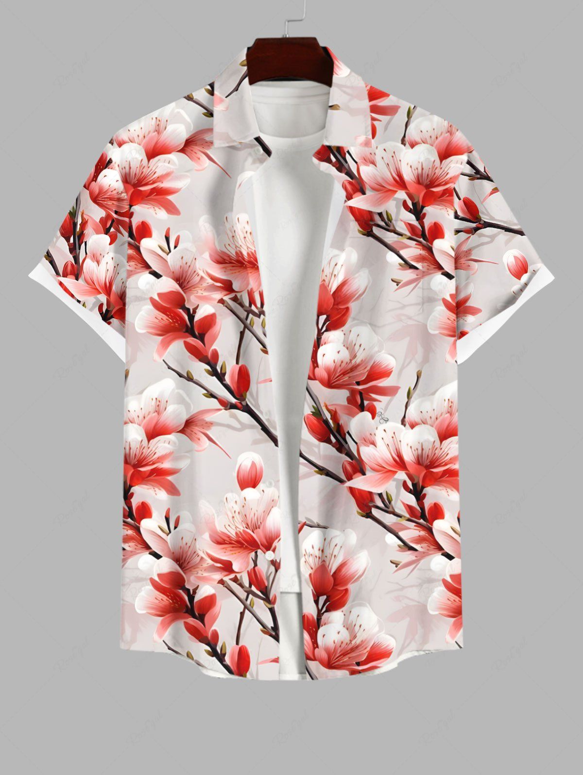 Fancy Plus Size Peach Blossom Flower Print Buttons Pocket Hawaii Shirt For Men  