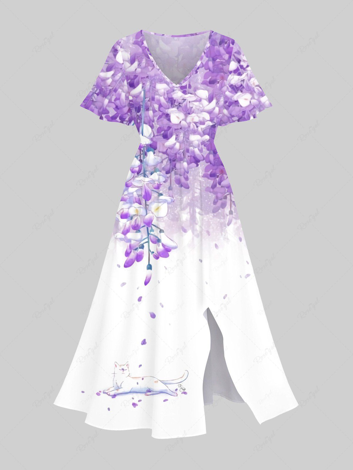 Cheap Plus Size Ombre Flowers Leaf Cat Print Split Hawaii Midi Dress  