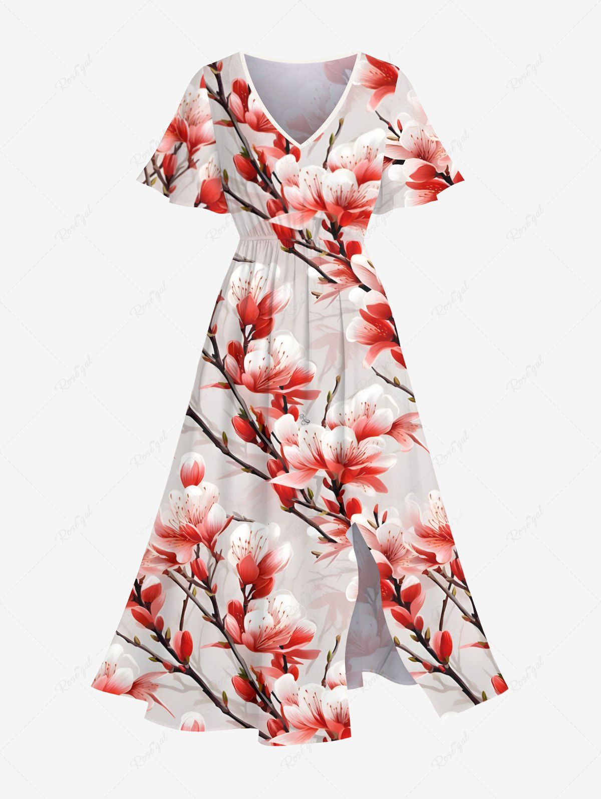 Hot Plus Size Peach Blossom Flower Print Split Hawaii Midi Dress  