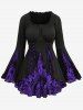Floral Figure Printed Lace Up Ruffles Ruched Bell Sleeves T-shirt and Flocking Mesh Patchwork PU Leather Leggings Plus Size Outfit -  