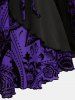 Floral Figure Printed Lace Up Ruffles Ruched Bell Sleeves T-shirt and Flocking Mesh Patchwork PU Leather Leggings Plus Size Outfit -  
