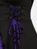 Floral Figure Printed Lace Up Ruffles Ruched Bell Sleeves T-shirt and Flocking Mesh Patchwork PU Leather Leggings Plus Size Outfit -  