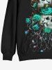 Plus Size Skull Rose Flower Branch Print Halloween Drawstring Pocket Pullover Hoodie For Men -  