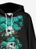 Plus Size Skull Rose Flower Branch Print Halloween Drawstring Pocket Pullover Hoodie For Men -  
