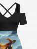 Plus Size Wizard Broom Ombre Sky Cloud Print Halloween Costume Crisscross A Line Maxi Dress -  
