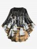 Plus Size Flare Sleeves Ghost Distressed Castle Print Halloween Lattice T-shirt -  