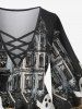Plus Size Flare Sleeves Ghost Distressed Castle Print Halloween Lattice T-shirt -  