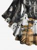 Plus Size Flare Sleeves Ghost Distressed Castle Print Halloween Lattice T-shirt -  