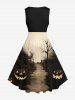 Robe D'Halloween Trapèze Vintage Citrouille Chemin et Château Imprimés Grande Taille - Noir 4X