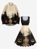 Robe D'Halloween Trapèze Vintage Citrouille Chemin et Château Imprimés Grande Taille - Noir 4X