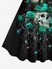 Robe D'Halloween Ligne A Rose Branche et Crâne Imprimés de Grande Taille - Noir XS