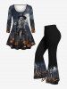 Plus Size Halloween Costume Pumpkin Cross Tomb Skeleton Wizard Skull Bat Moon Print T-shirt -  