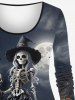 T-shirt D'Halloween Crâne Chauve-souris et Citrouille Imprimés Croisé de Grande Taille - Noir 3X