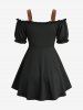 Plus Size Medieval Renaissance Cold Shoulder Puff Sleeves Lace Up Two Tone 2 in 1 Asymmetric Top -  