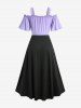 Plus Size Cold Shoulder Ruched Ruffles Colorblock Patchwork Lace Up Belted Vintage Corset A Line Dress -  
