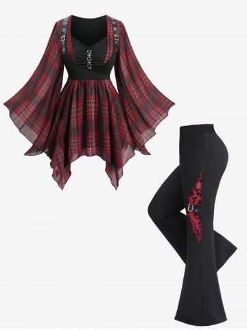 Plaid Print Chain Ruched Asymmetric Corset Top and Floral Mesh Flockinig Ribbed Pants Plus Size Outfit - BLACK