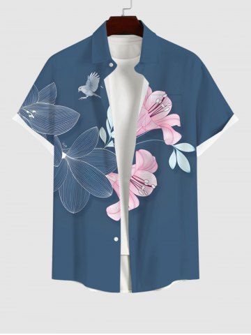 Plus Size Lily Flower Leaf Bird Print Hawaii Button Pocket Shirt For Men - BLUE - XL