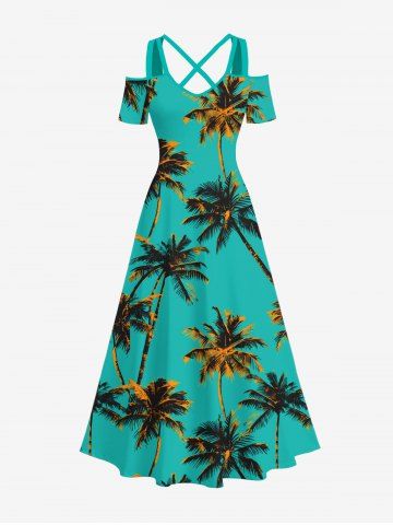 Plus Size Gilding Coconut Tree Print Hawaii Crisscross A Line Maxi Dress - GREEN - XS