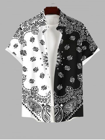 Plus Size Floral Paisley Two Tone Scarf Graphic Print Hawaii Button Pocket Shirt For Men - BLACK - S