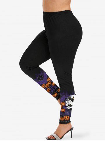 Plus Size Halloween Costume Pumpkin Moon Bat Tree Print Leggings - BLACK - 6X