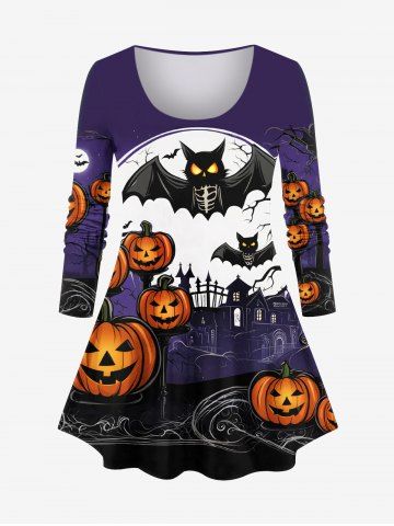 Plus Size Halloween Costume Pumpkin Moon Bat Tree Print T-shirt - MULTI-A - 3X