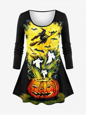 Plus Size Halloween Costume Pumpkin Fire Flame Ghost Bat Wizard Print T-shirt - BLACK - 6X