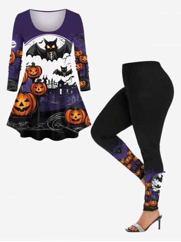 Halloween Costume Pumpkin Moon Bat Tree Print Plus Size Matching Set - BLACK