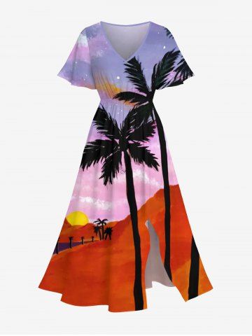 Plus Size Coconut Tree Mountain Colorful Ombre Galaxy Sun Print Hawaii Split Pocket A Line Midi Dress - MULTI-A - 4X