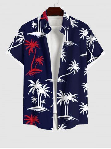 Plus Size Coconut Tree Print Hawaii Button Pocket Shirt For Men - BLACK - S