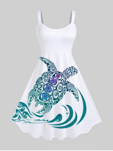 Plus Size Turtle Sea Waves Flowers Print Hawaii Tank Dress - WHITE - XS