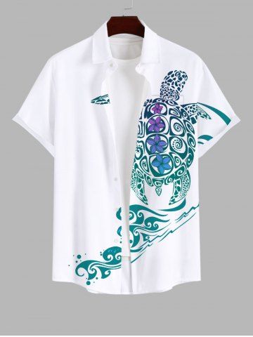 Plus Size Turtle Sea Waves Print Buttons Pocket Hawaii Shirt For Men - WHITE - S