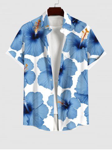 Plus Size Tropical Hibiscus Flower Print Buttons Pocket Hawaii Shirt For Men - MULTI-A - S