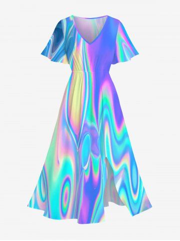 Plus Size Colorful Neon Light Beam 3D Print Split Hawaii Midi Dress - MULTI-A - L