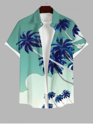 Plus Size Coconut Tree Contrast Colorblock Print Hawaii Button Pocket Shirt For Men - GREEN - L