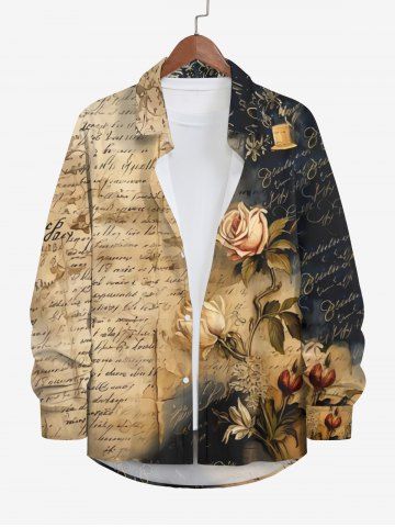 Plus Size Rose Flower Distressed Newspaper Print Halloween Button Shirt For Men - MULTI-A - 6XL