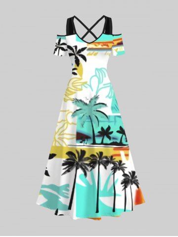 Robe longue trapèze à imprimé colorblock et motif cocotier, style hawaïen, grande taille - MULTI-A - 2X