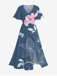 Plus Size Lily Flower Leaf Bird Print Hawaii Split Pocket A Line Midi Dress -  