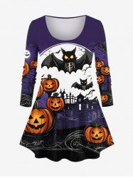 Plus Size Halloween Costume Pumpkin Moon Bat Tree Print T-shirt -  