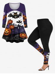 Halloween Costume Pumpkin Moon Bat Tree Print Plus Size Matching Set -  
